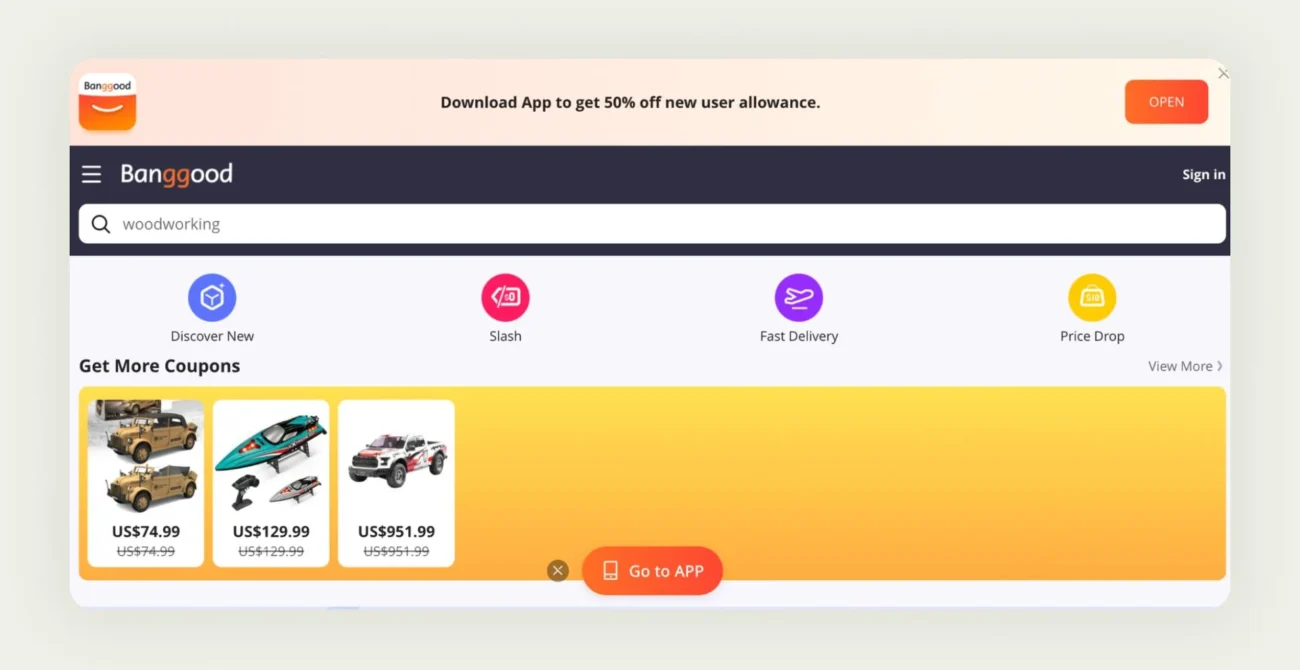 Banggood Chinese wholesale supplier platform showing dropshipping and bulk product options