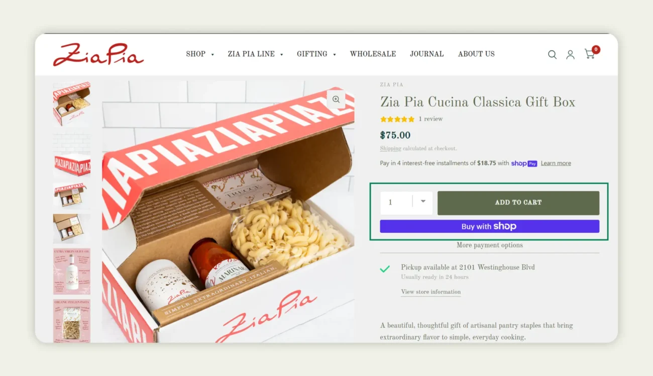 CTA on Zia Pia’s ecommerce PDP CTA on Zia Pia’s ecommerce PDP