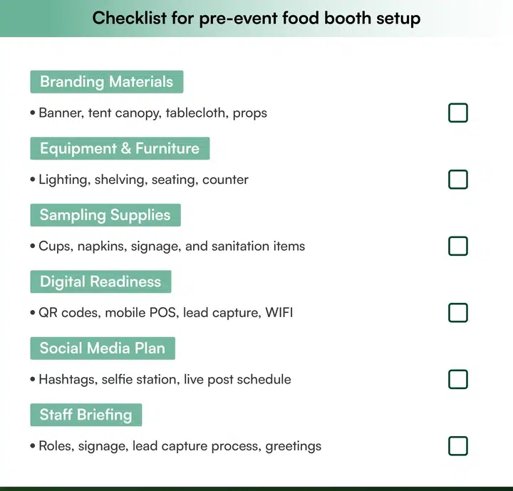 Checklist for pre-event food booth setup