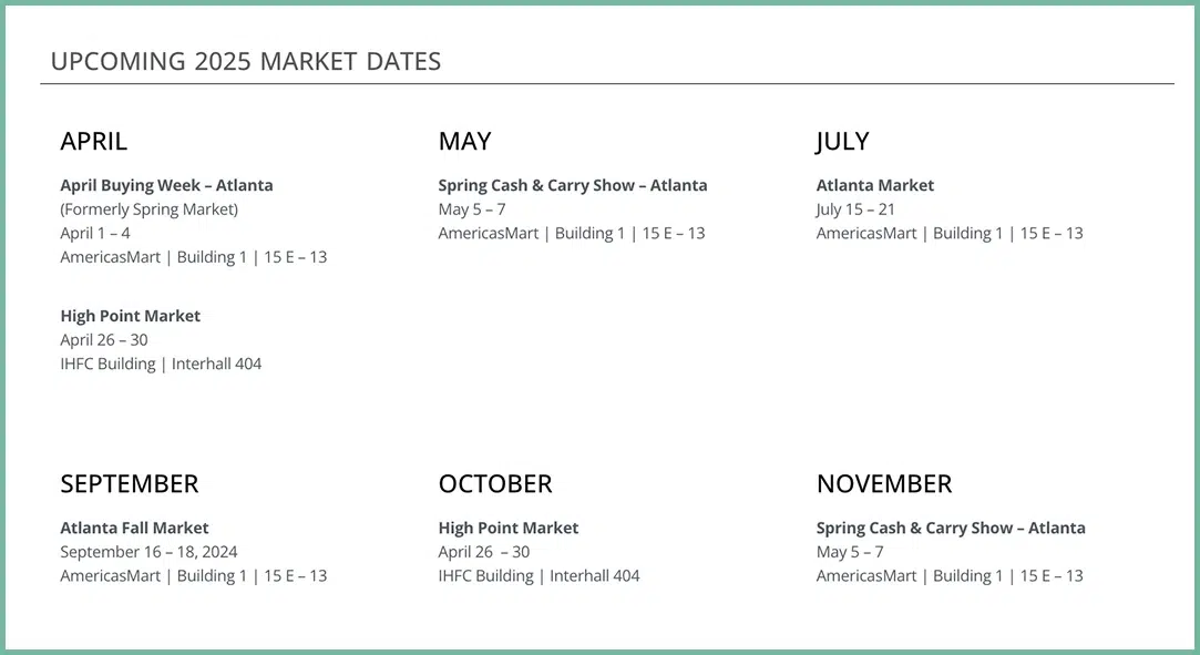 Comprehensive trade show schedule with booth locations for wholesale buyers