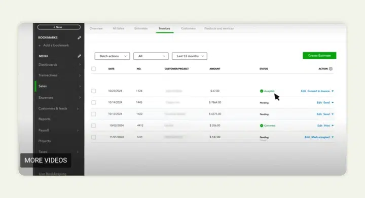 Convert estimate into invoice in QuickBooks