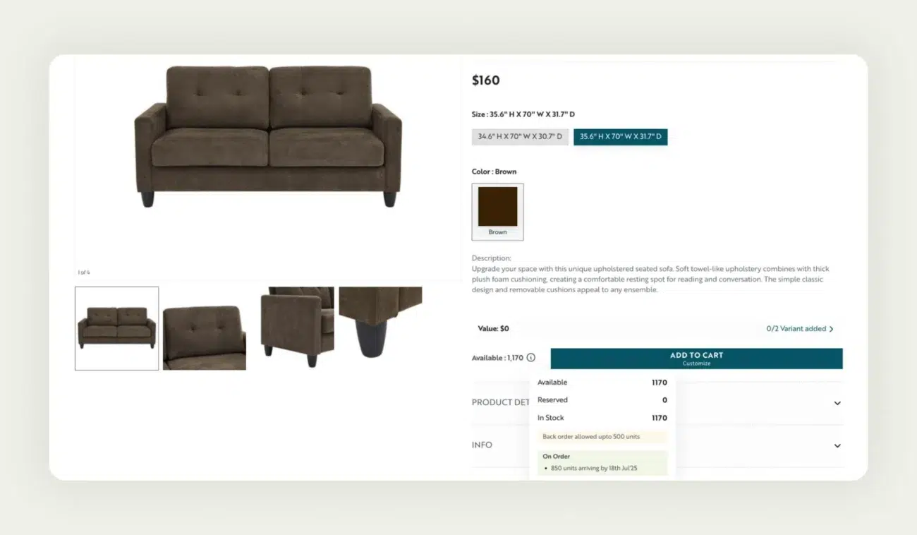 Detailed product description and inventory visibility in WizShop, a B2B ecommerce platform
