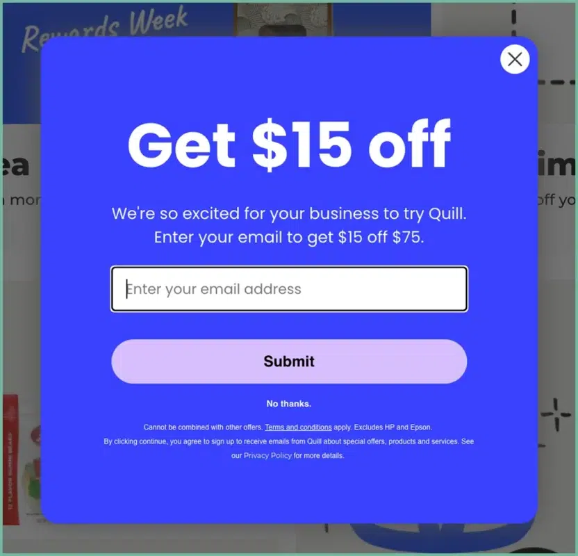 Email capture popup with new customer discount incentive