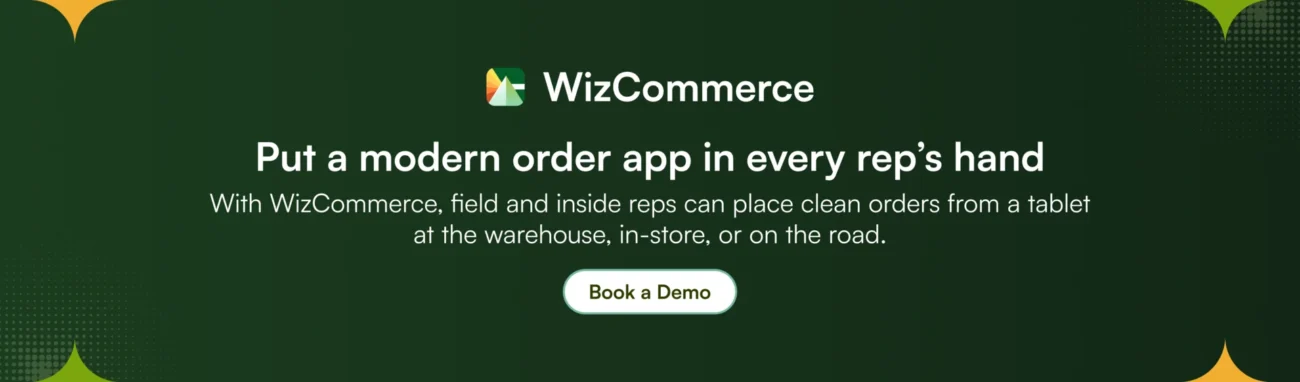 Field rep using WizCommerce on a tablet to place an order during a customer visit. Field rep using WizCommerce on a tablet to place an order during a customer visit.
