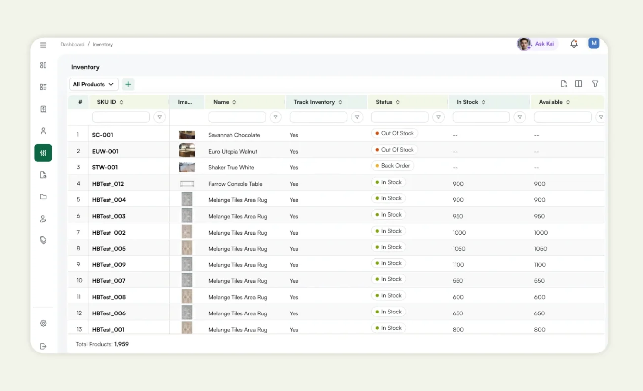Inventory dashboard view for reps