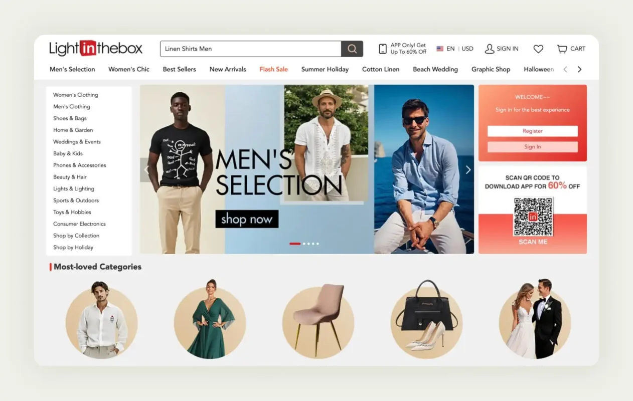LightInTheBox international wholesale platform showing electronics and consumer goods catalog