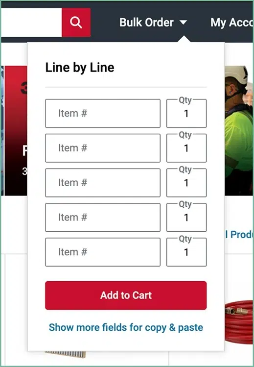 Line-by-line bulk ordering for multiple item entry