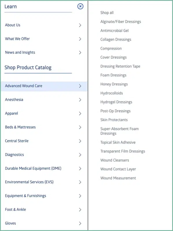 Medical product categories organized by specialty areas