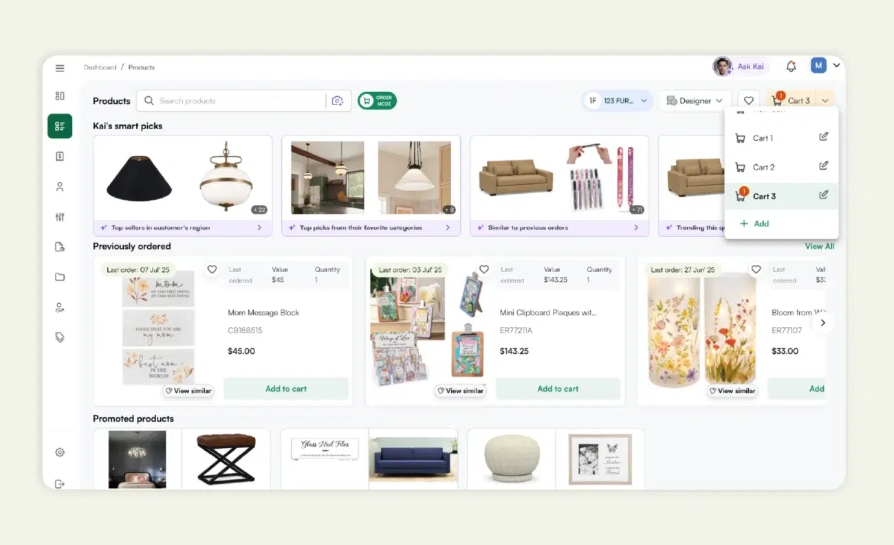 Multiple shopping cart management for B2B orders in WizCommerce - advanced ecommerce feature beyond WooCommerce vs Shopify