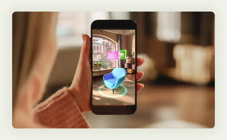 Person using tablet to interact with augmented reality elements at trade show booth