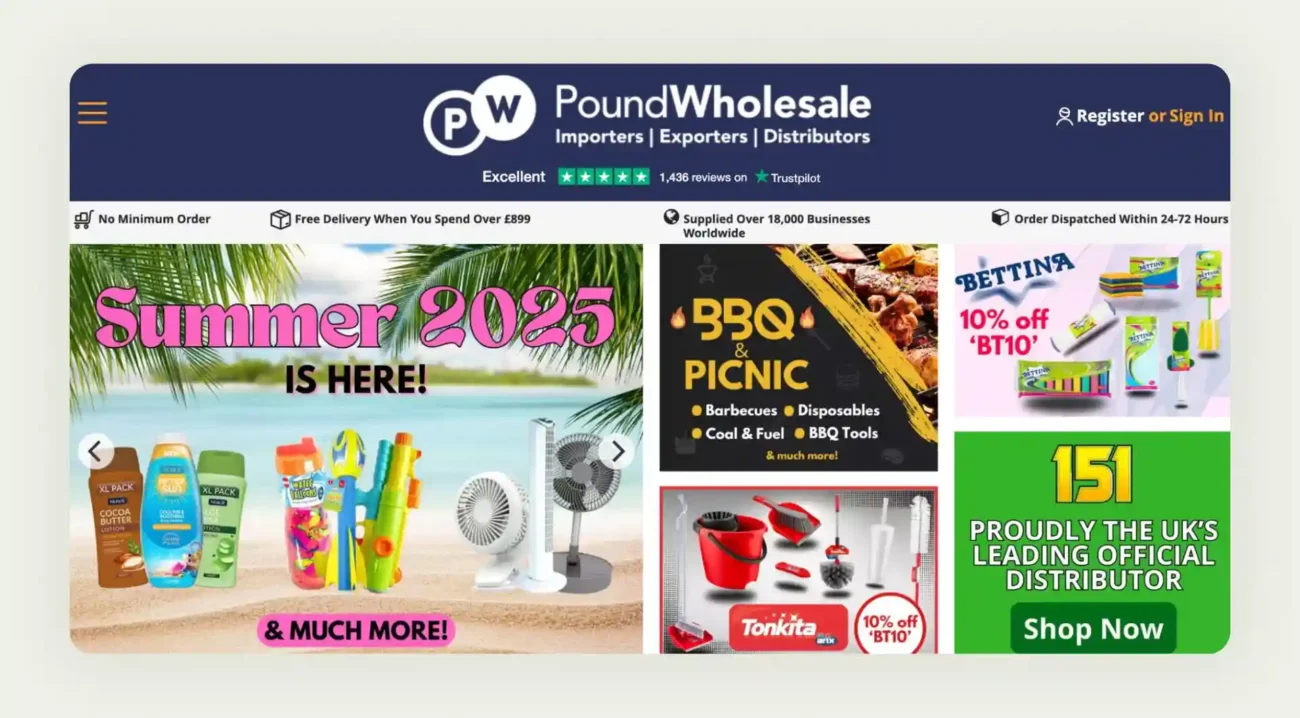 Poundwholesale UK wholesale platform showing budget-friendly products with global shipping options