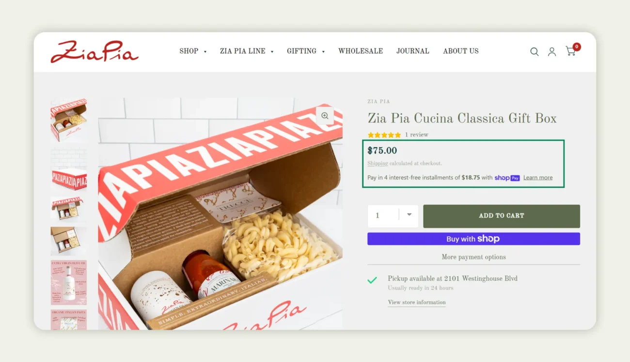 Pricing and availability displayed on Zia Pia’s ecommerce PDP Pricing and availability displayed on Zia Pia’s ecommerce PDP
