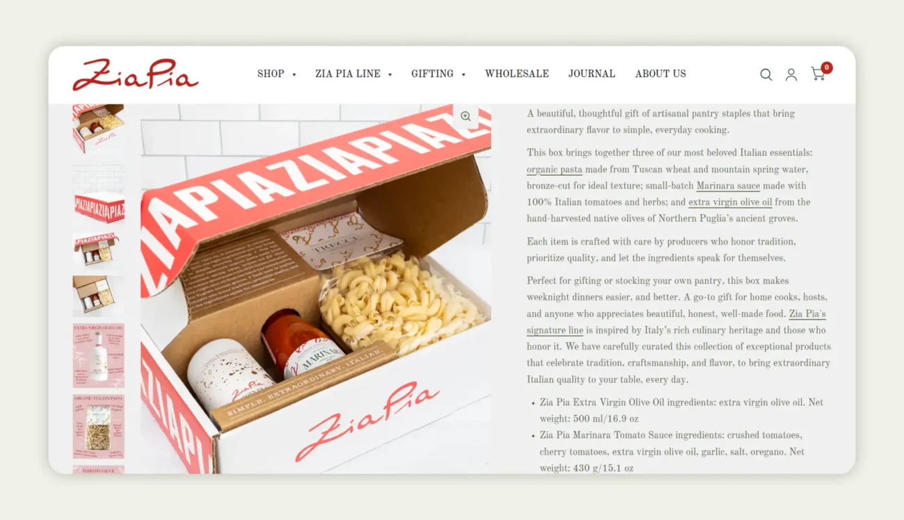 Product description displayed on Zia Pia’s ecommerce PDP Product description displayed on Zia Pia’s ecommerce PDP