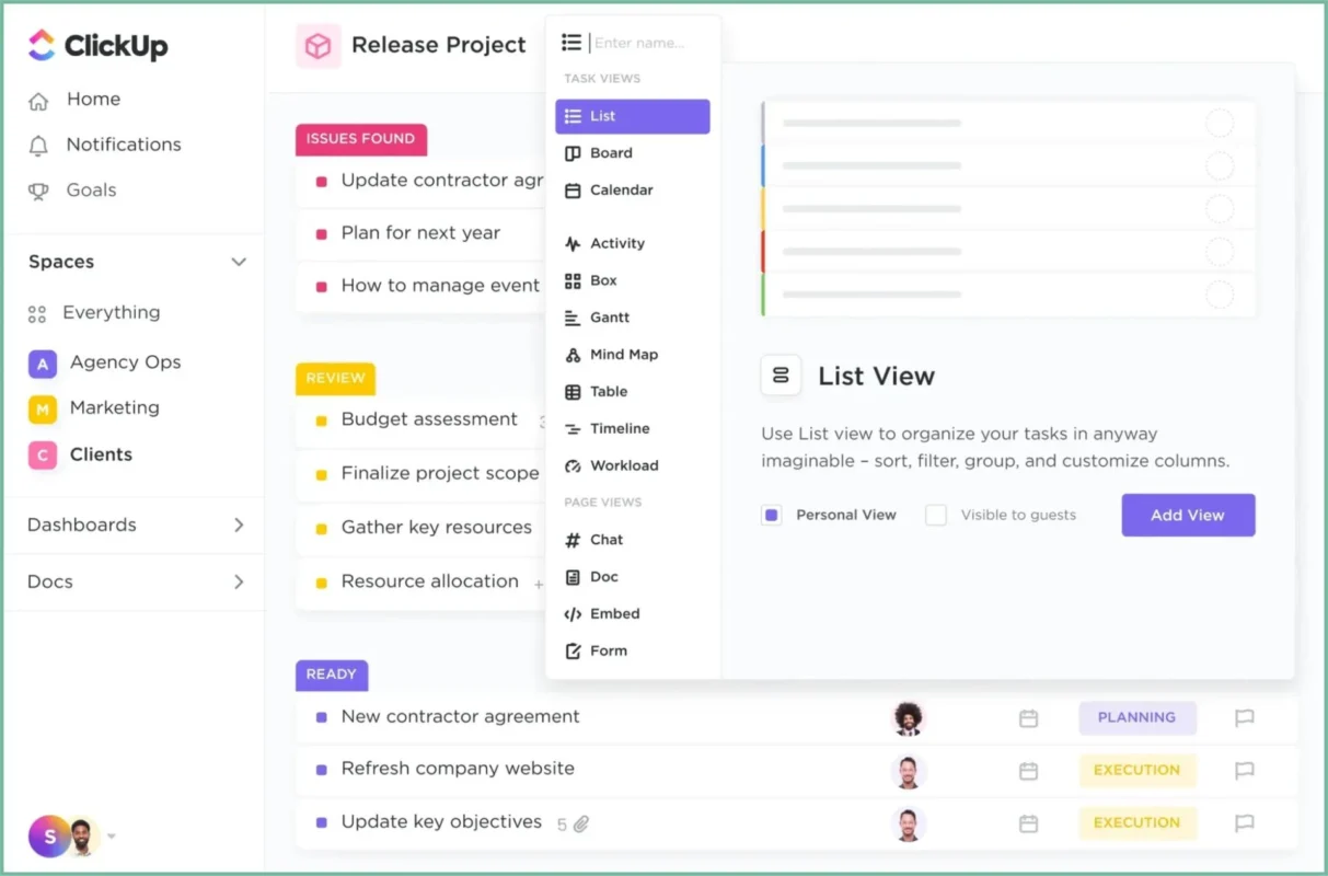Project management platform with basic CRM functionality and team collaboration tools.
