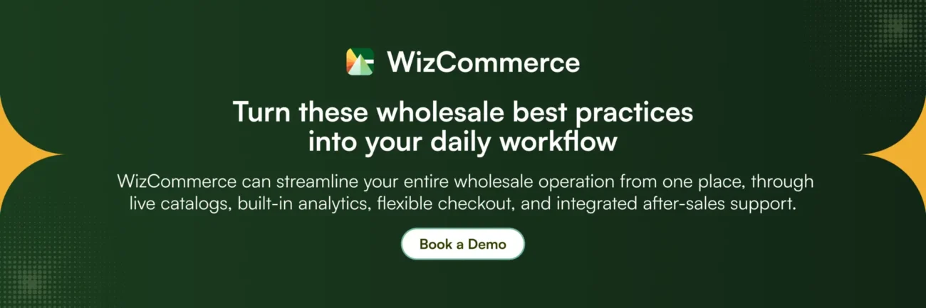 Put wholesale best practices into action with WizCommerce’s live catalogs, built-in analytics, flexible checkout, and integrated after-sales support.