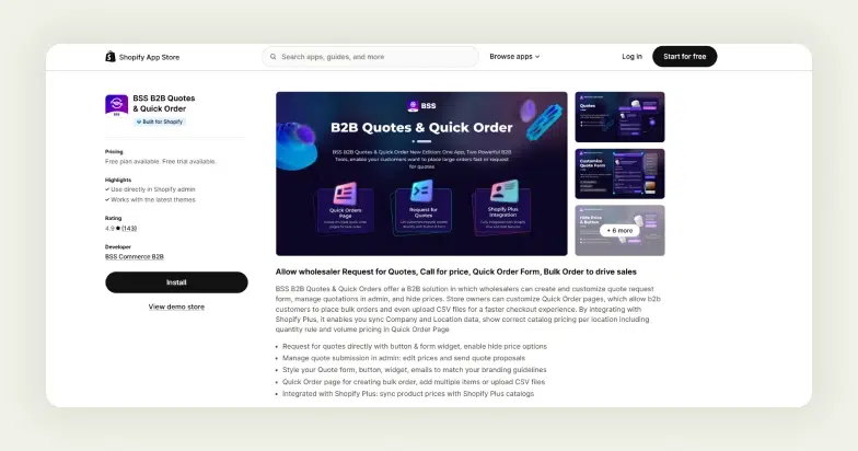 Screenshot of the Shopify App Store page of BSS B2B Quotes & Quick Order