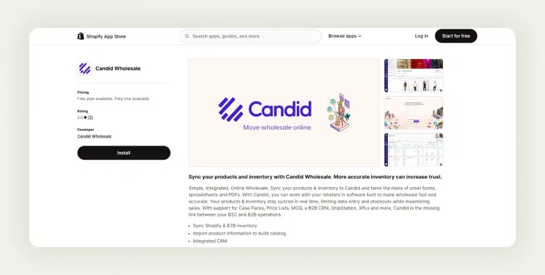 Screenshot of the Shopify App Store page of Candid Wholesale