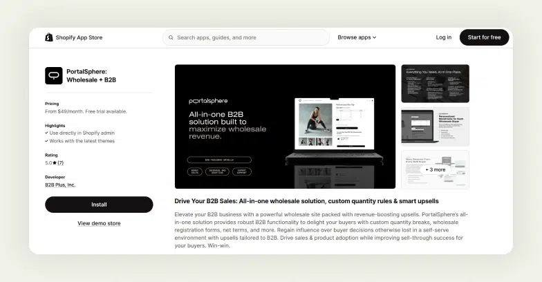 Screenshot of the Shopify App Store page of PortalSphere