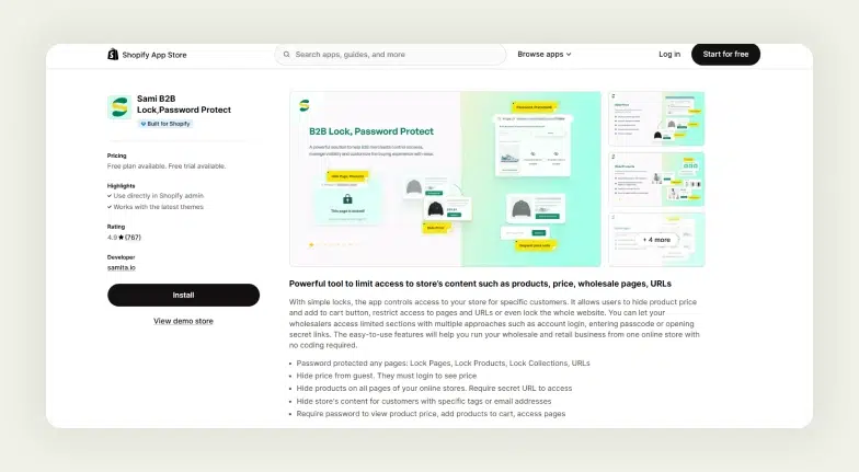 Screenshot of the Shopify App Store page of Sami B2B Lock, Password Protect