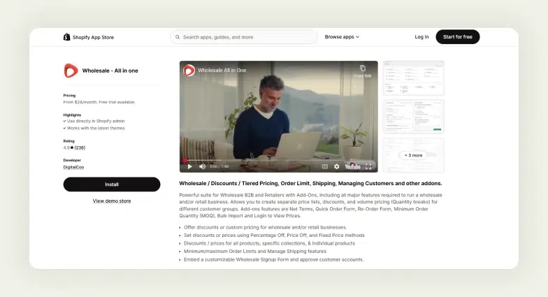 Screenshot of the Shopify App Store page of Wholesale - All-in-one