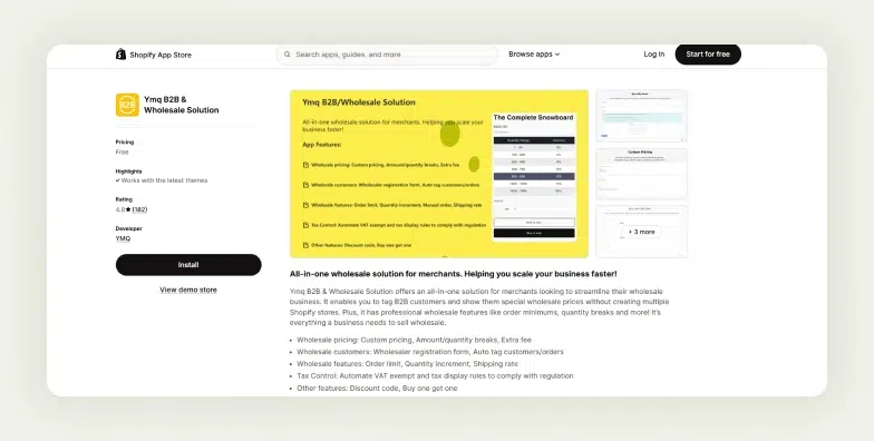 Screenshot of the Shopify App Store page of Ymq B2B & Wholesale Solution