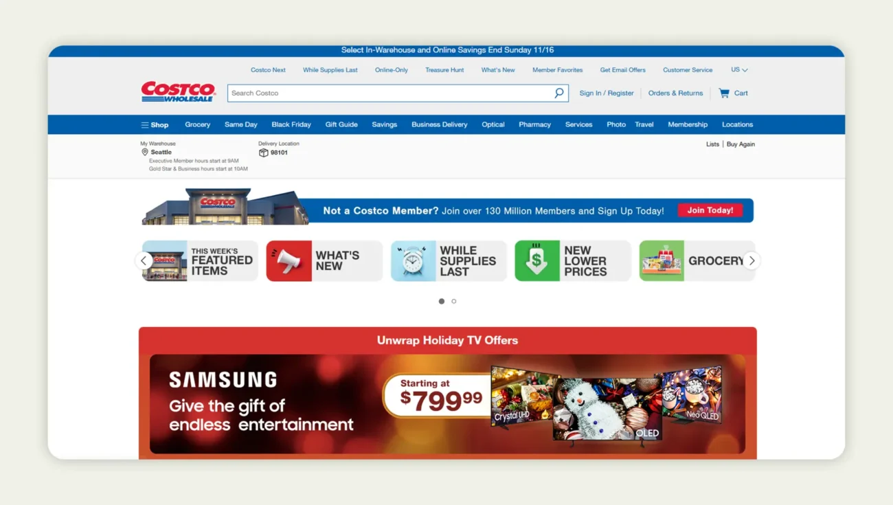  Screenshot of the home page of Costco Wholesale 