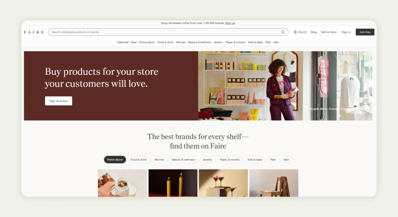  Screenshot of the home page of Faire