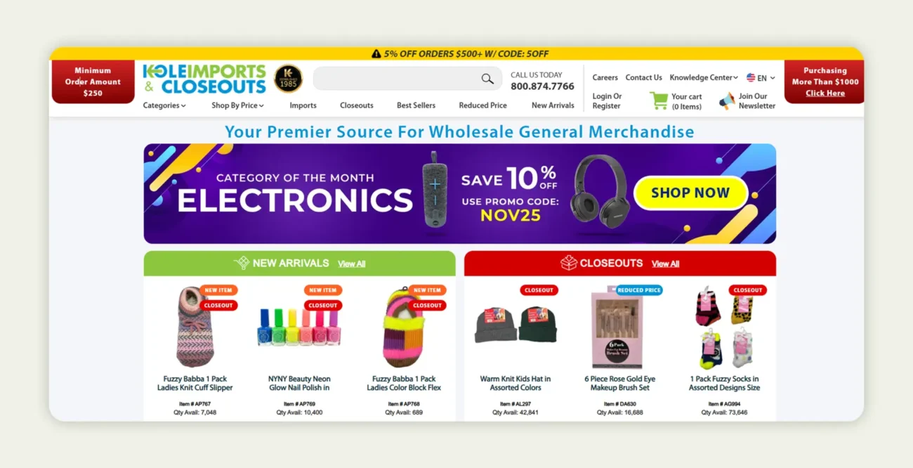 Screenshot of the home page of Kole Imports