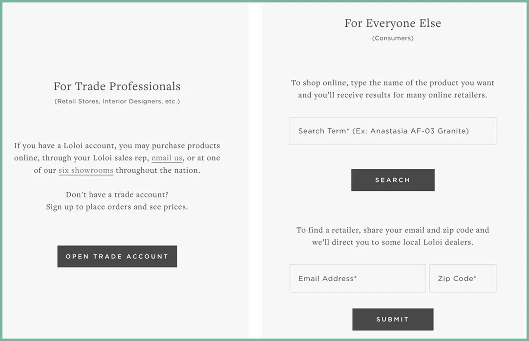 Separate purchasing paths for trade professionals and consumers