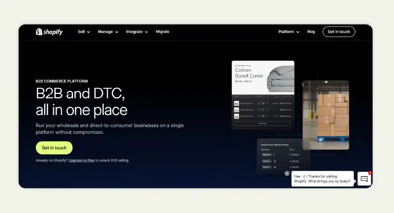 Shopify Plus B2B ecommerce platform homepage - WooCommerce vs Shopify comparison for wholesale businesses