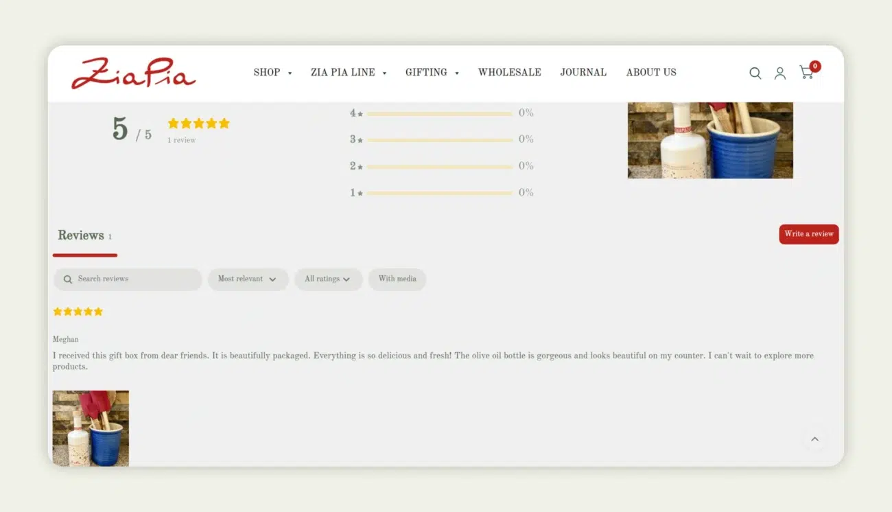 Social proof (reviews and rating) displayed on Zia Pia’s ecommerce PDP Social proof (reviews and rating) displayed on Zia Pia’s ecommerce PDP