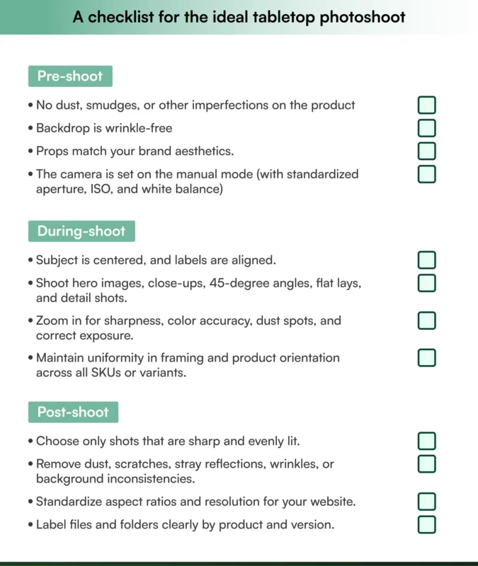 Tabletop photography checklist