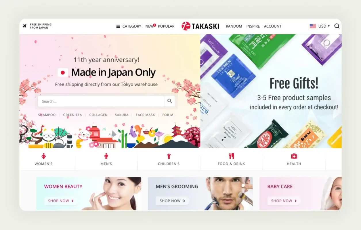 Takaski Japanese wholesale platform displaying premium Japanese goods and specialty products