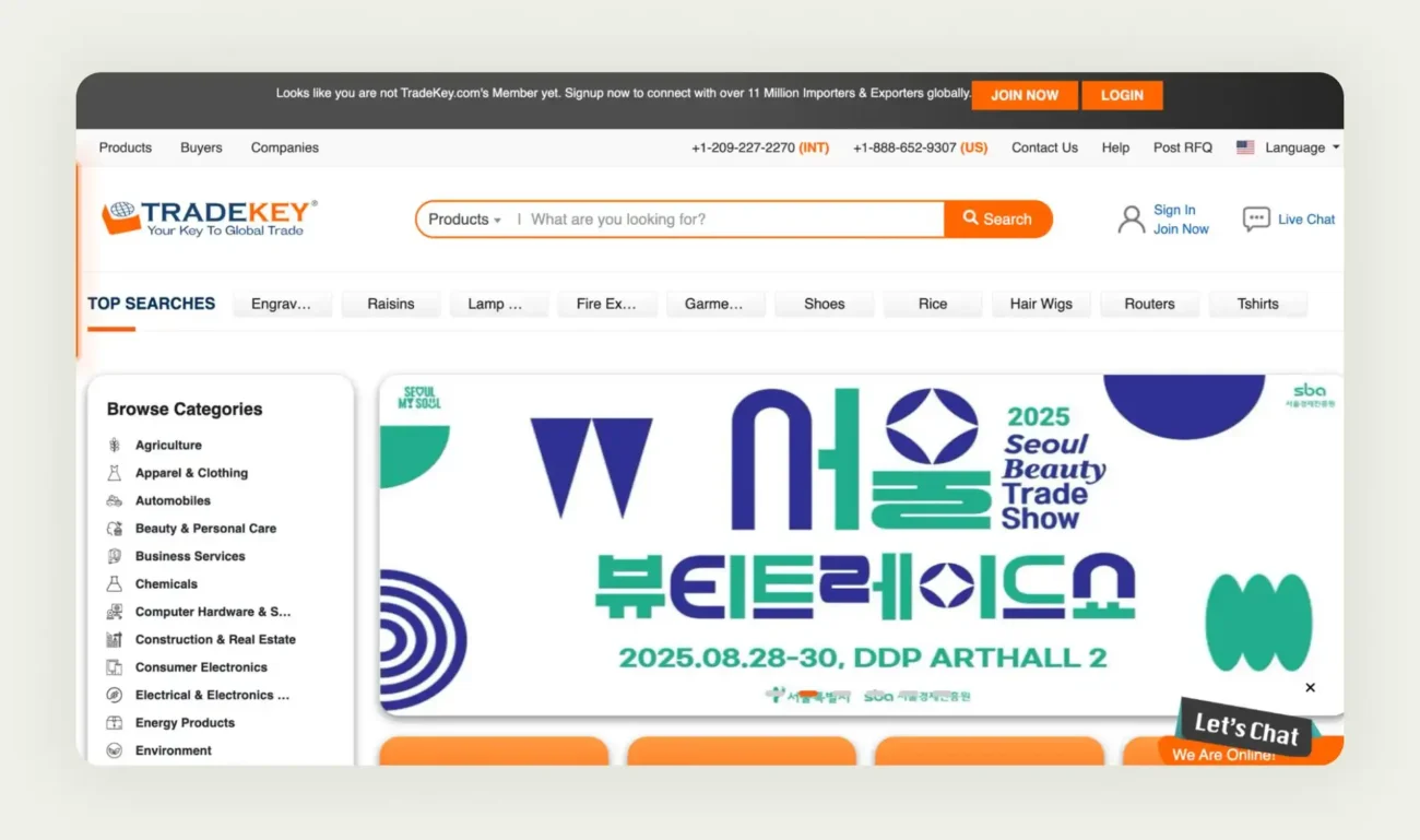 TradeKey international B2B platform showing global supplier listings and product categories