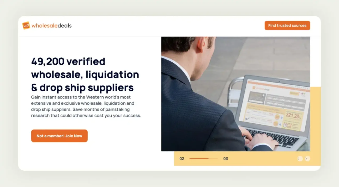 Wholesale Deals platform interface showing liquidation inventory and overstock product listings