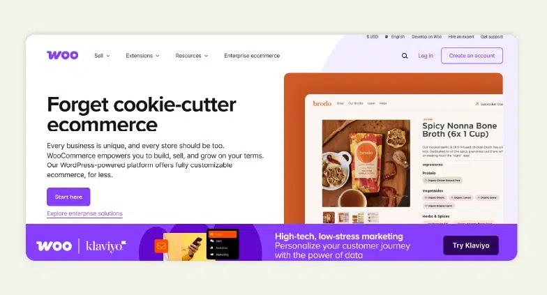 WooCommerce vs Shopify comparison - WooCommerce homepage interface showing B2B ecommerce features