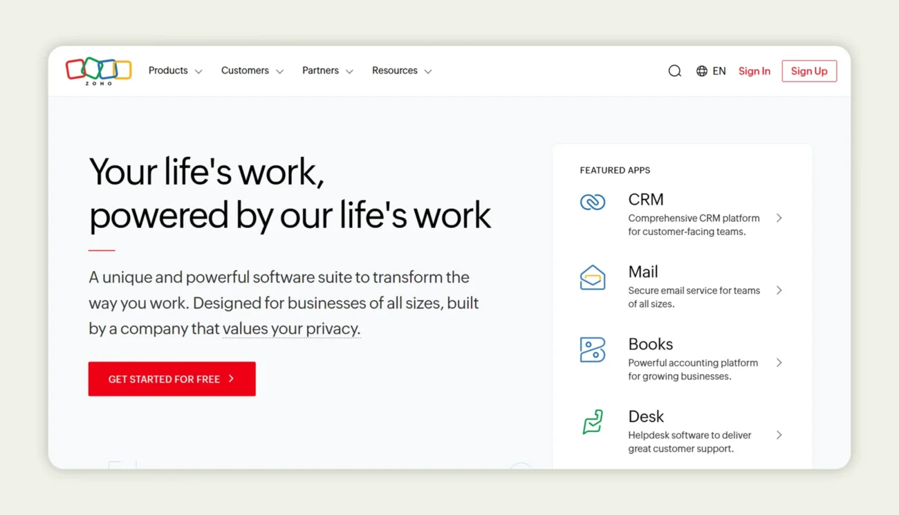 Zoho CRM homepage Zoho CRM homepage