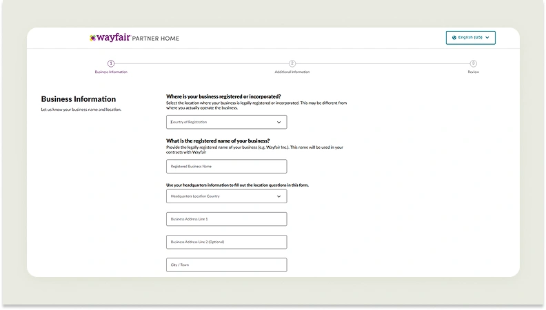 Application form to become a seller on Wayfair