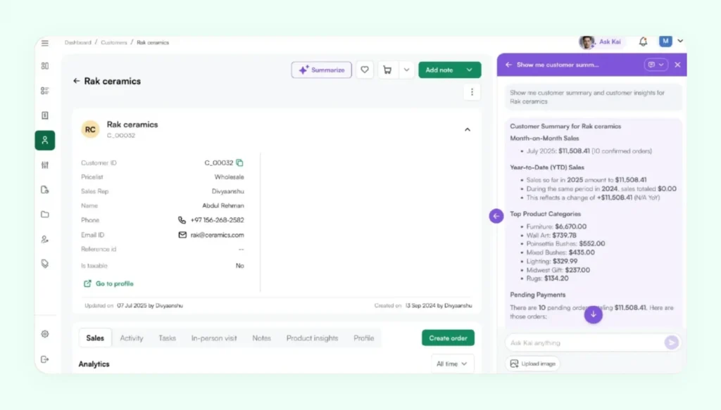 Client details and AI insights and analytics being displayed