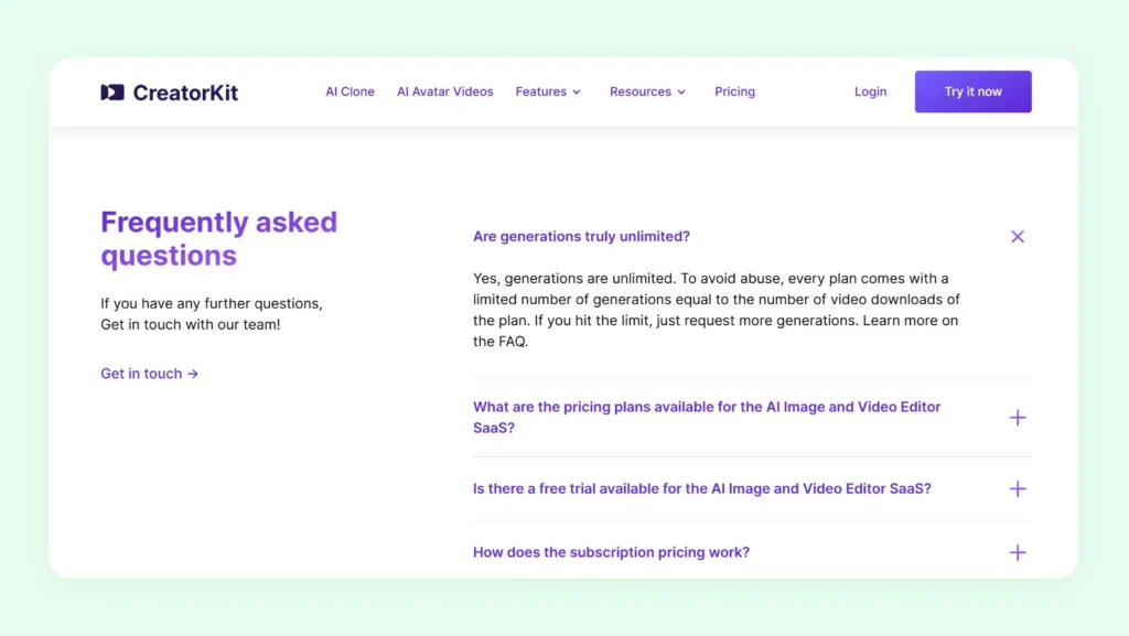 FAQ section of CreatorKit