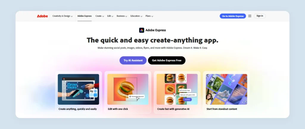 Home page of Adobe Express