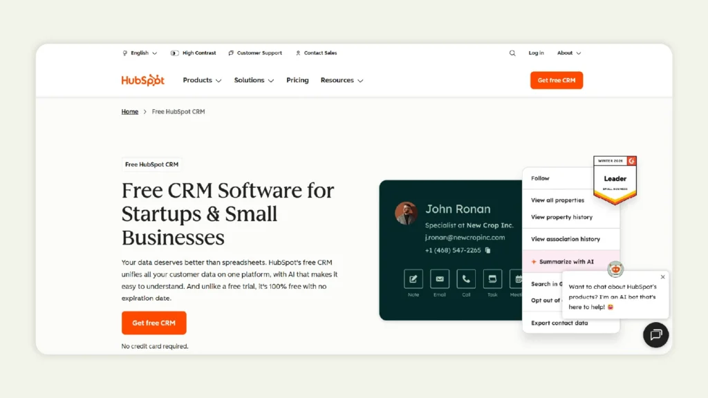  Home page of HubSpot