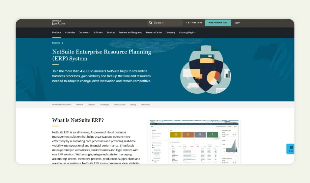 Home page of Oracle NetSuite