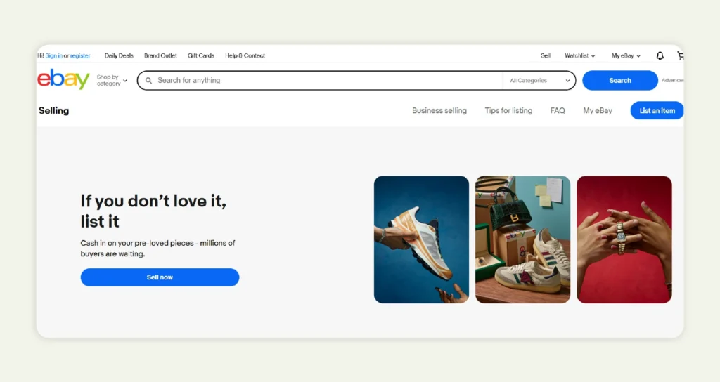 Home page of eBay selling Home page of eBay selling