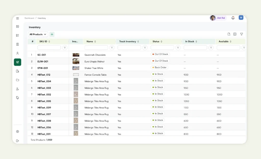 Inventory dashboard view for reps