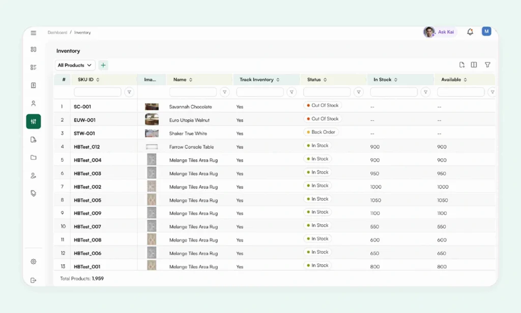 Inventory dashboard view for reps
