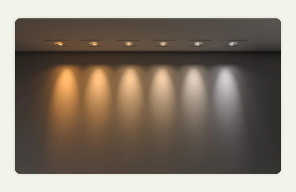 Lighting color temperature comparison from warm to cool tones on a wall.