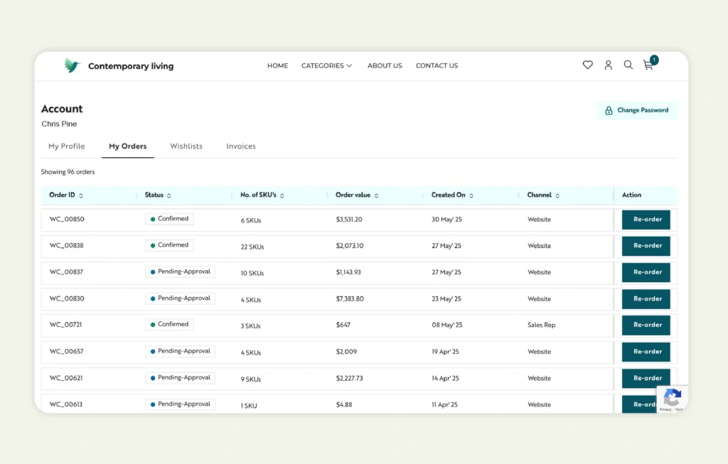 One-click reorder functionality of WizCommerce in action