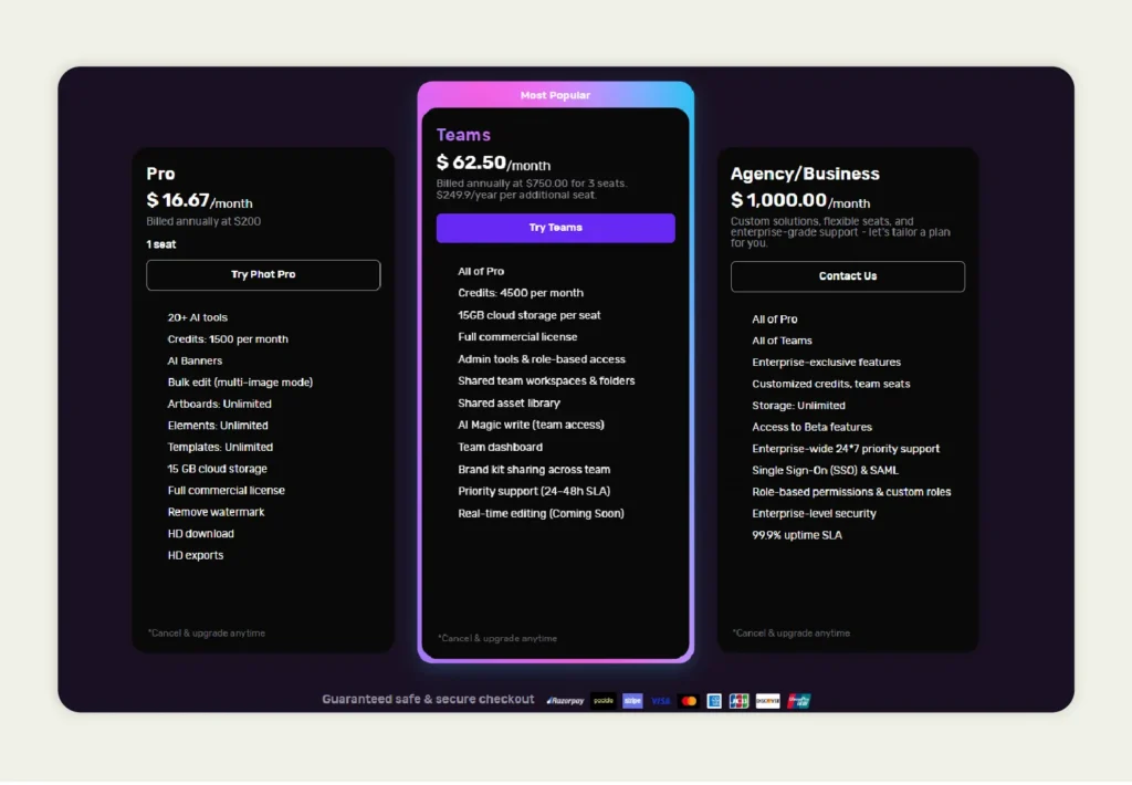 Pricing plans of Phot.AI