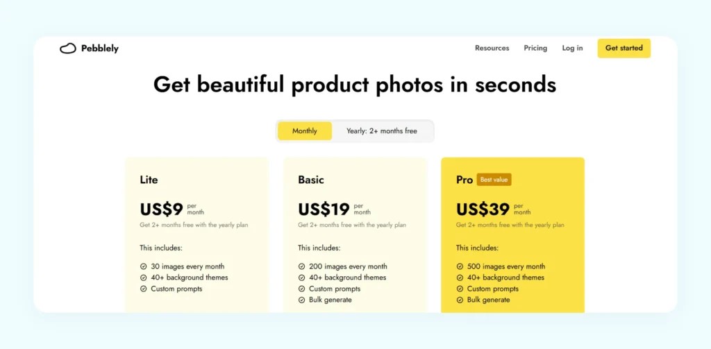 Pebblely pricing plans Pebblely pricing plans